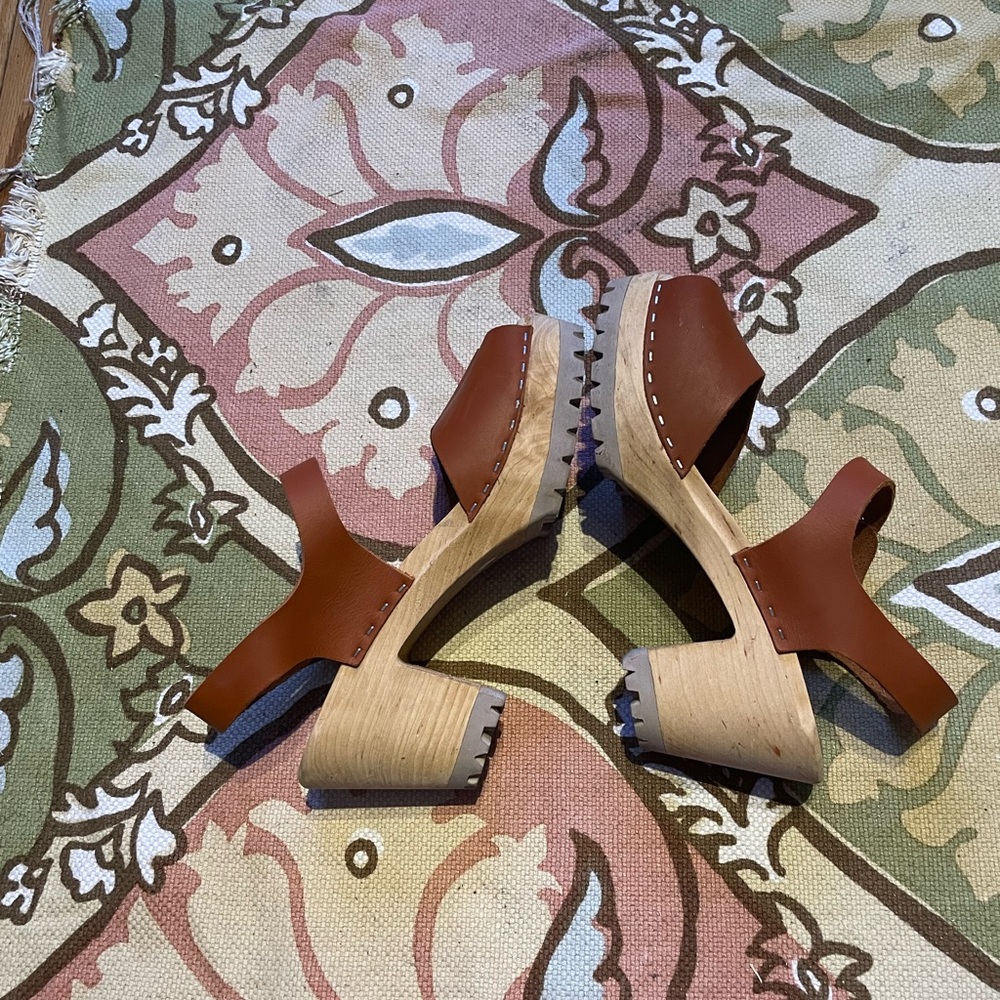 👹MIA Greta Luggage Swedish Scandinavian Peep Clog Heel Leather Mary Jean sandals - Picture 6 of 12